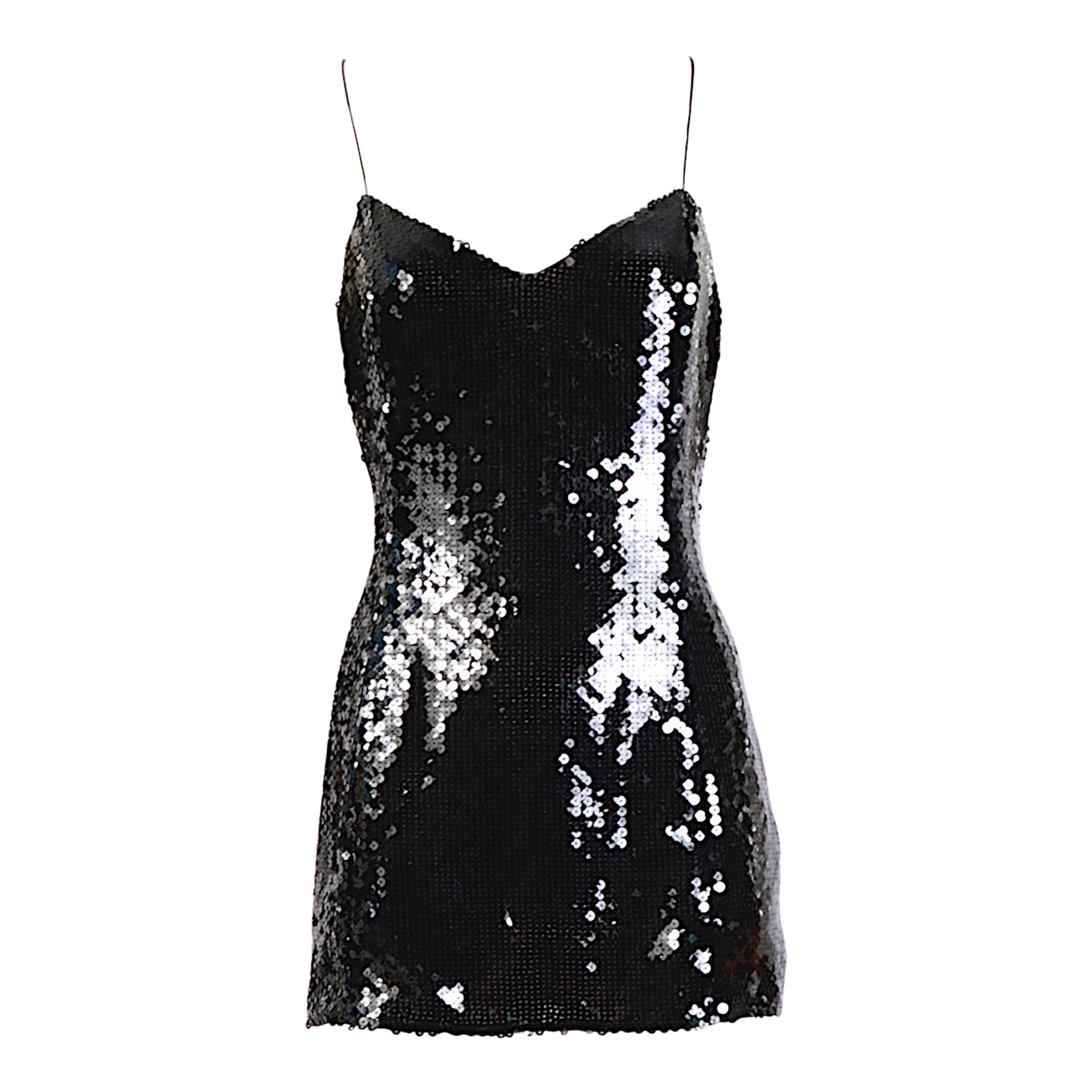 Mini robe ou top à bretelles spaghetti en paillettes noires numérotées Thierry Mugler couture en vente