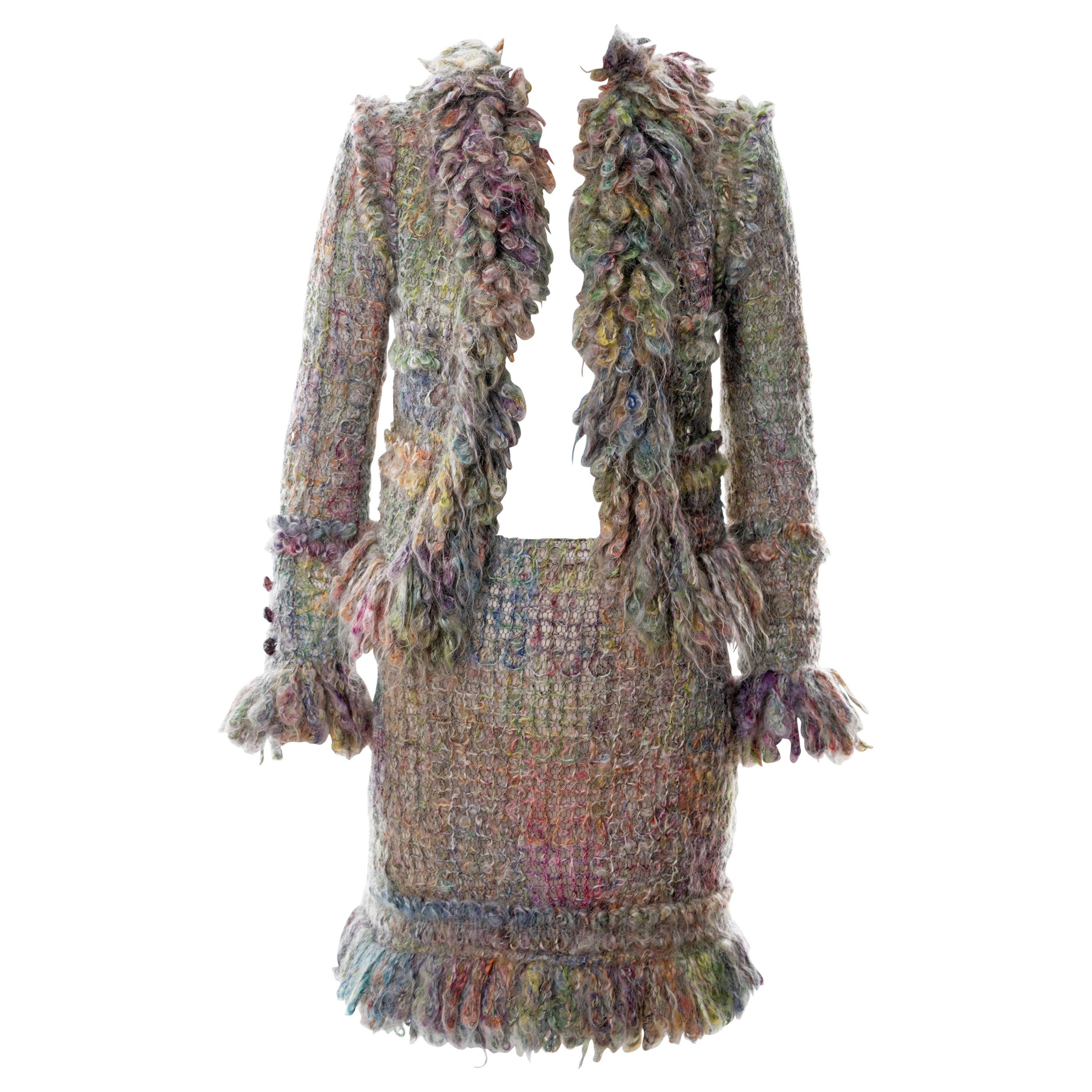 Chanel by Karl Lagerfeld open-knit multicoloured mohair skirt suit, fw 2003  For Sale