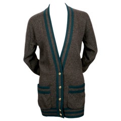 1980's CHANEL charcoal grey and spruce green cashmere cardigan sweater