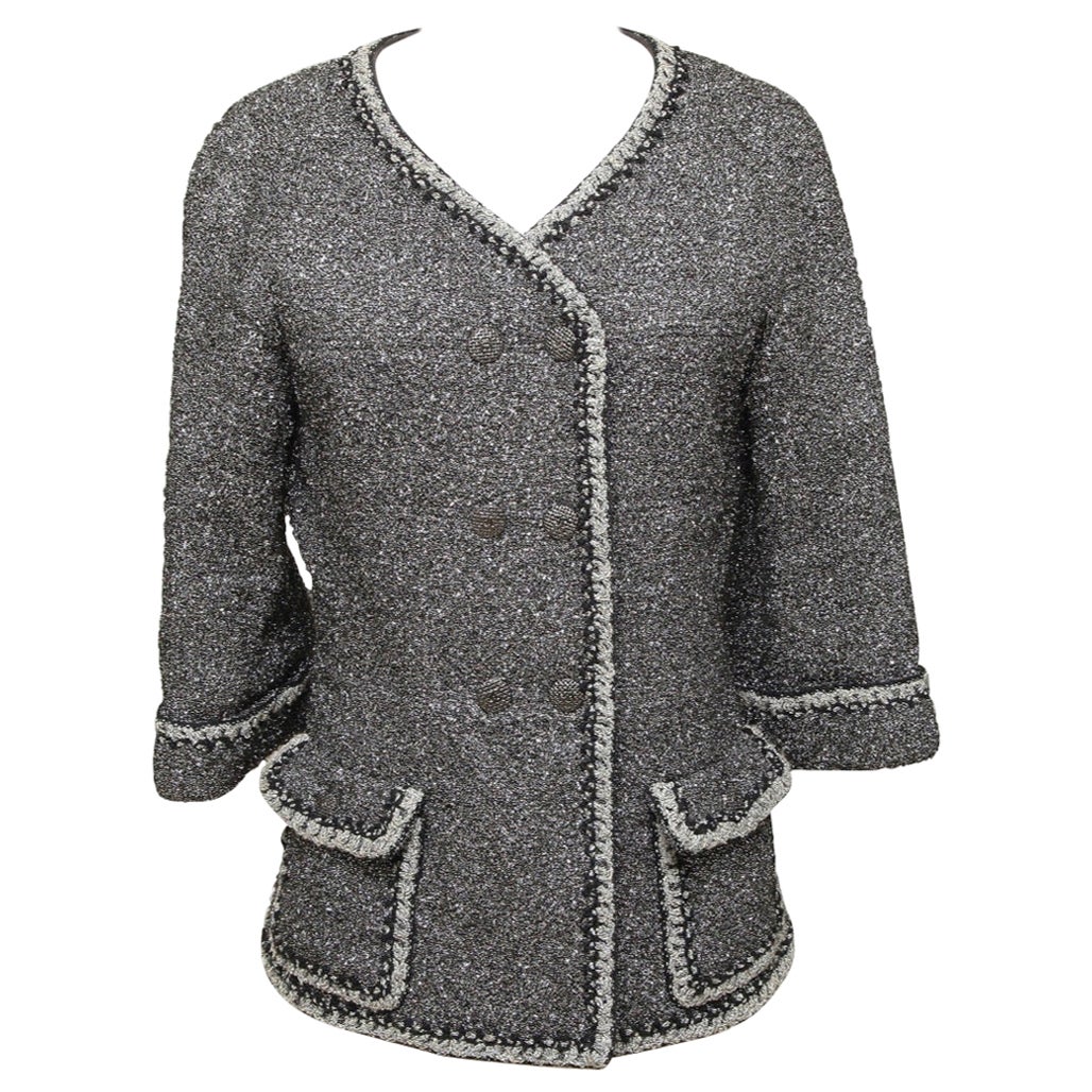 CHANEL Jacket Coat Tweed Silver Metallic 3/4 Sleeve Double Breast 2014 14P 40 For Sale