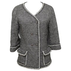 CHANEL Tweed Jacket Coat Silver Metallic 3/4 Sleeve Double Breast 2014 14P 40