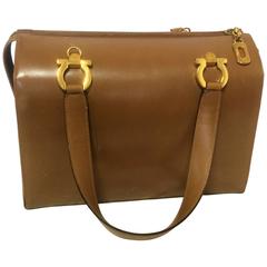 Retro Salvatore Ferragamo tanned brown leather gancini handbag with gold motif