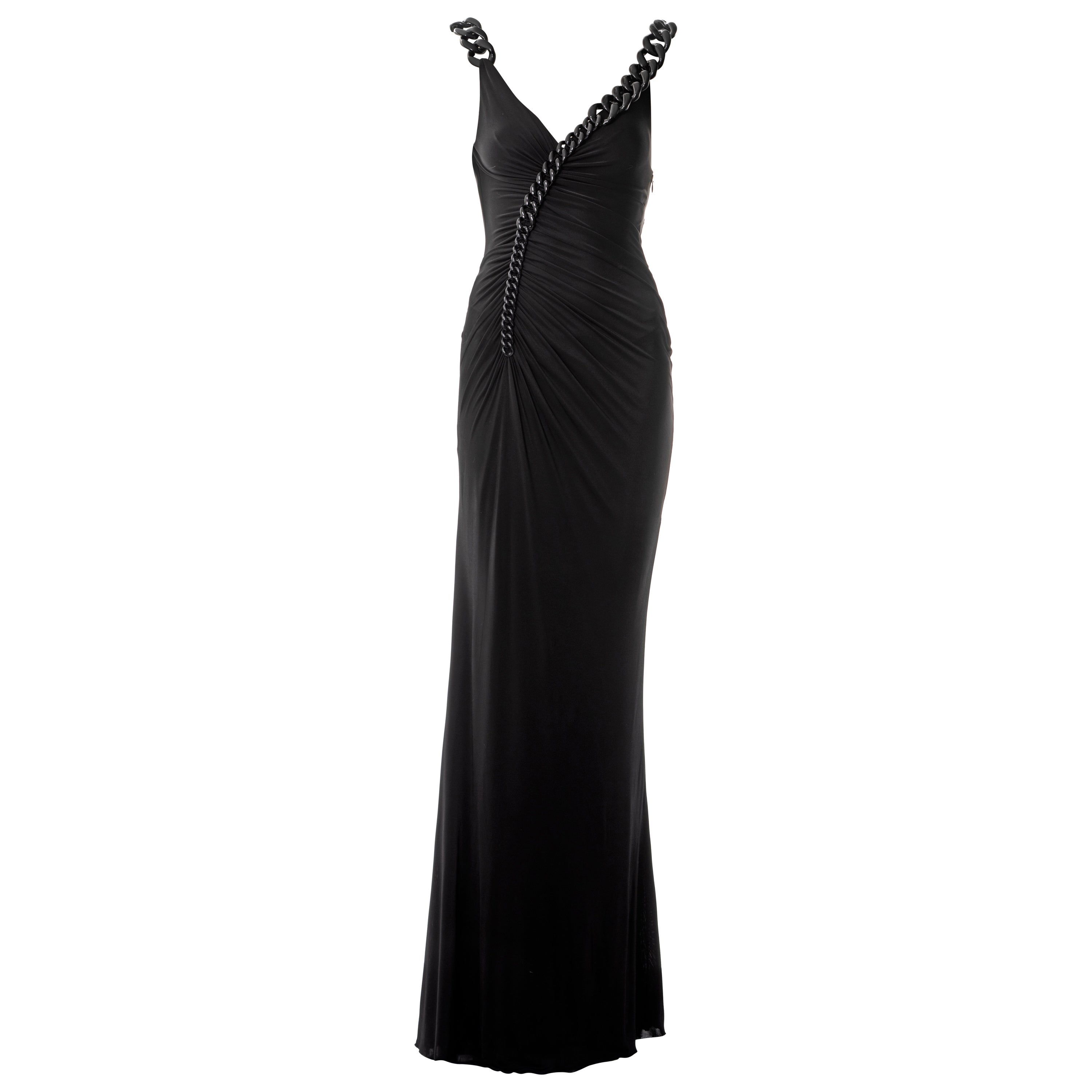 Versace black ruched evening dress with chain shoulder straps, fw 2007 For Sale