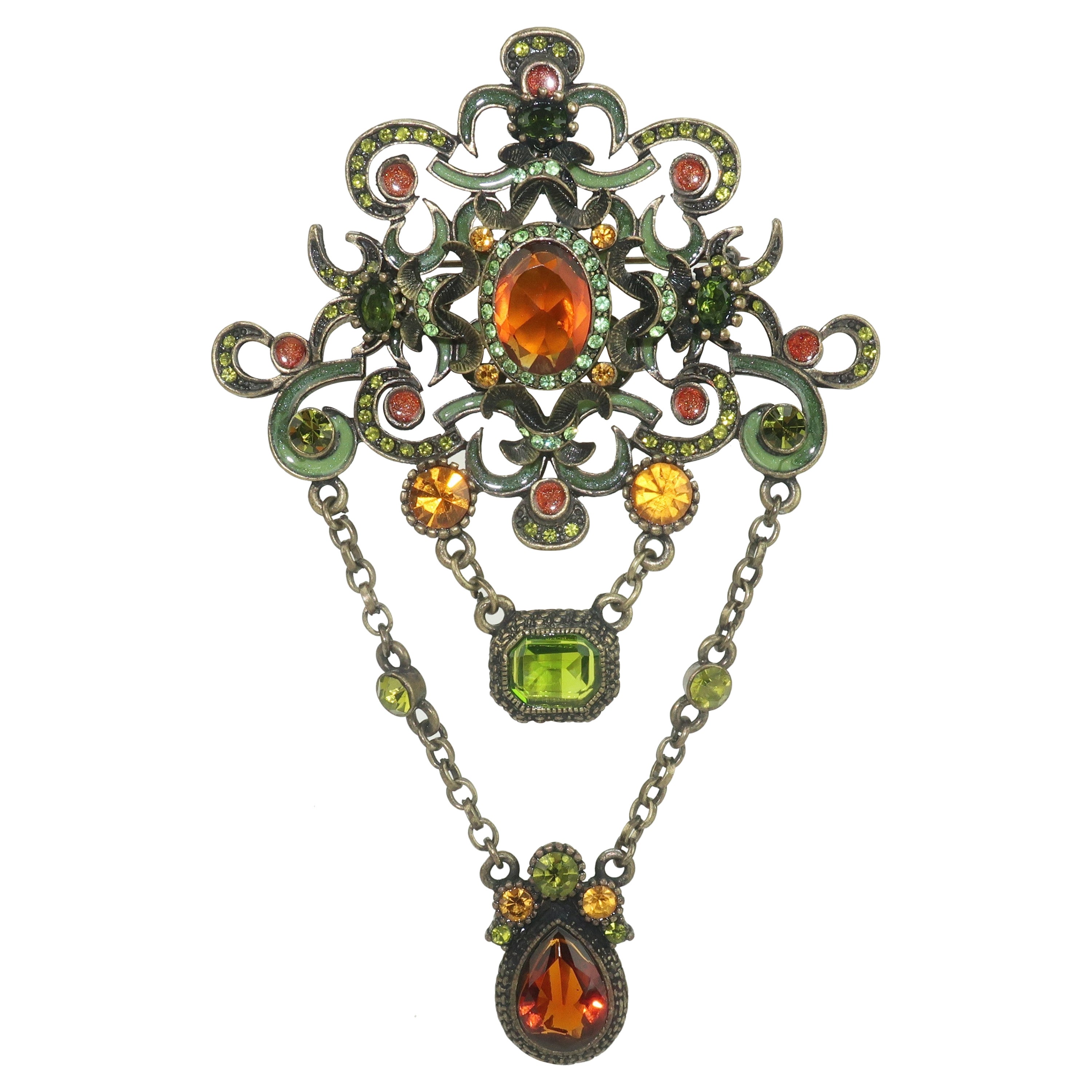 Vintage Crystal & Enamel Dangle Brooch in Autumnal Colors For Sale
