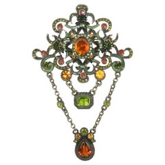 Vintage Crystal & Enamel Dangle Brooch in Autumnal Colors