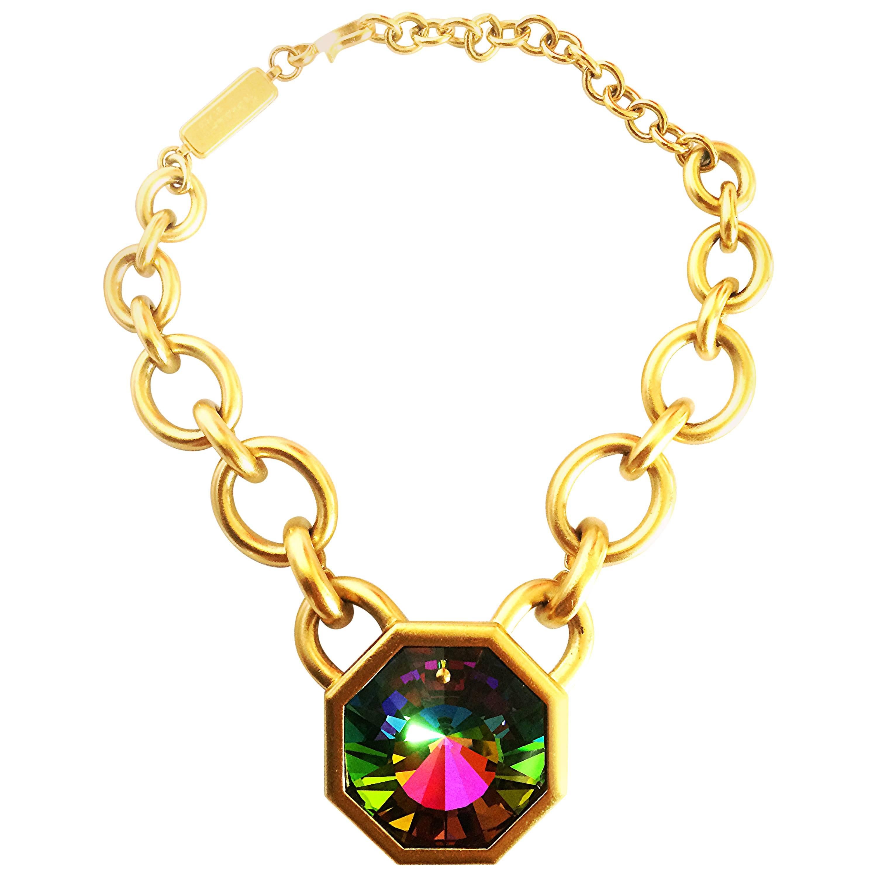 Vintage Yves Saint Laurent golden chain statement necklace with Swarovski stone.