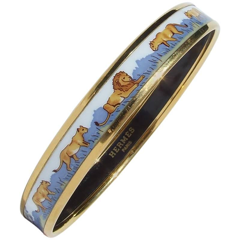 Hermes Printed Enamel Bracelet Lions and Lionesses Narrow Gold Hdw Size PM 65
