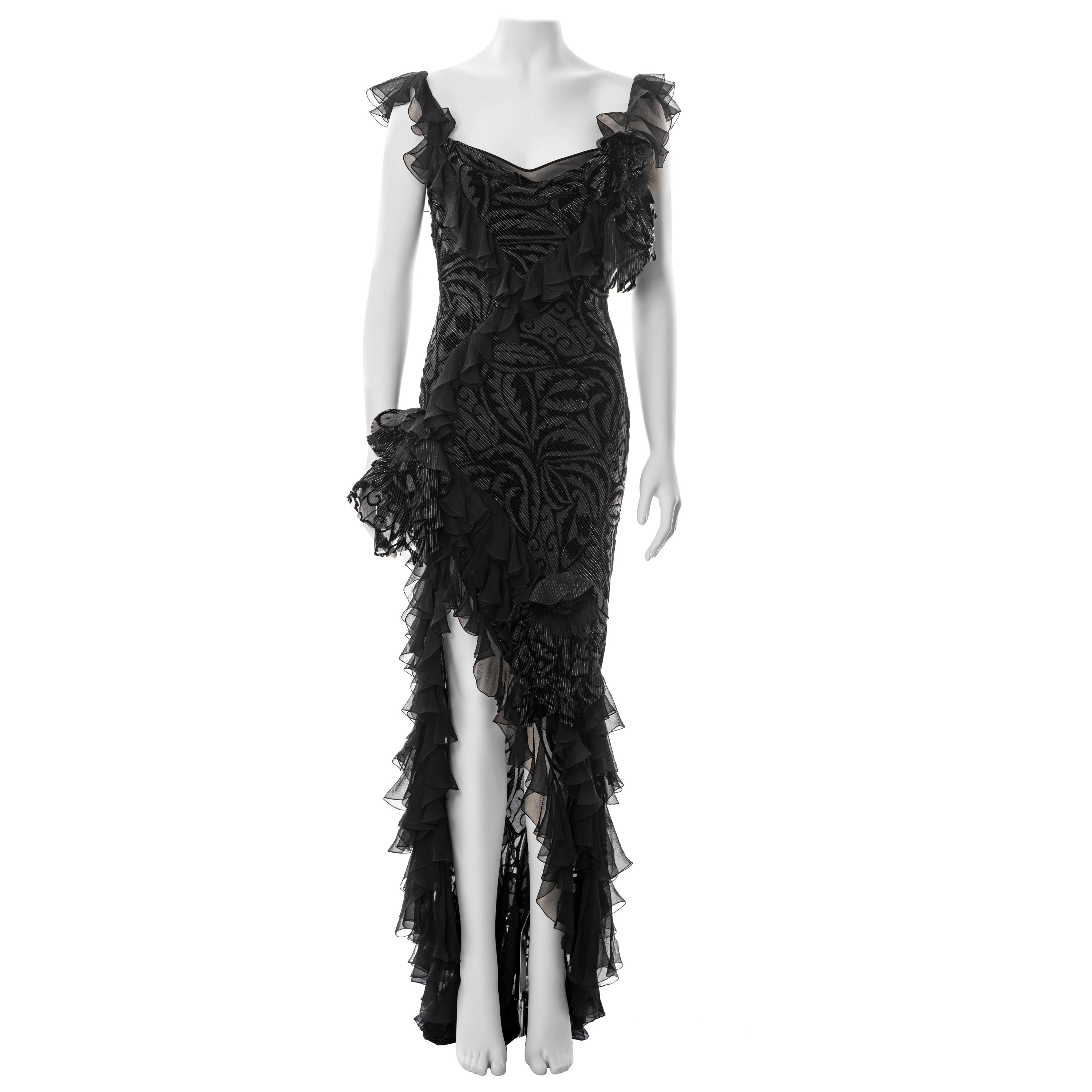 John Galliano metallic black bias cut chiffon evening dress, fw 2003 For Sale