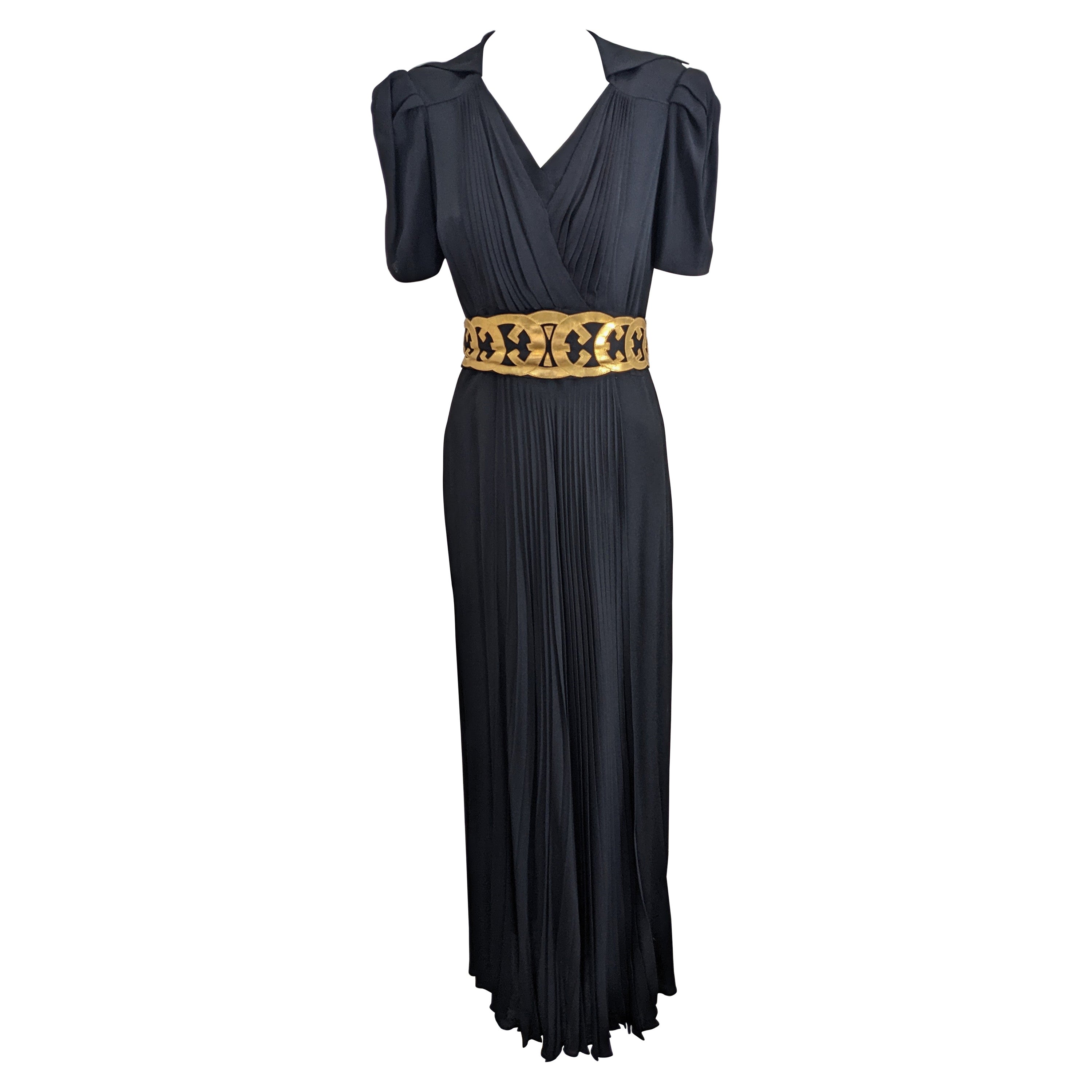 Black Crepe and Gold Kid Leather Deco Gown For Sale