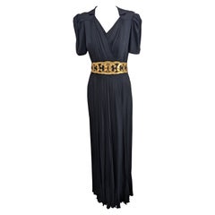 Vintage Black Crepe and Gold Kid Leather Deco Gown