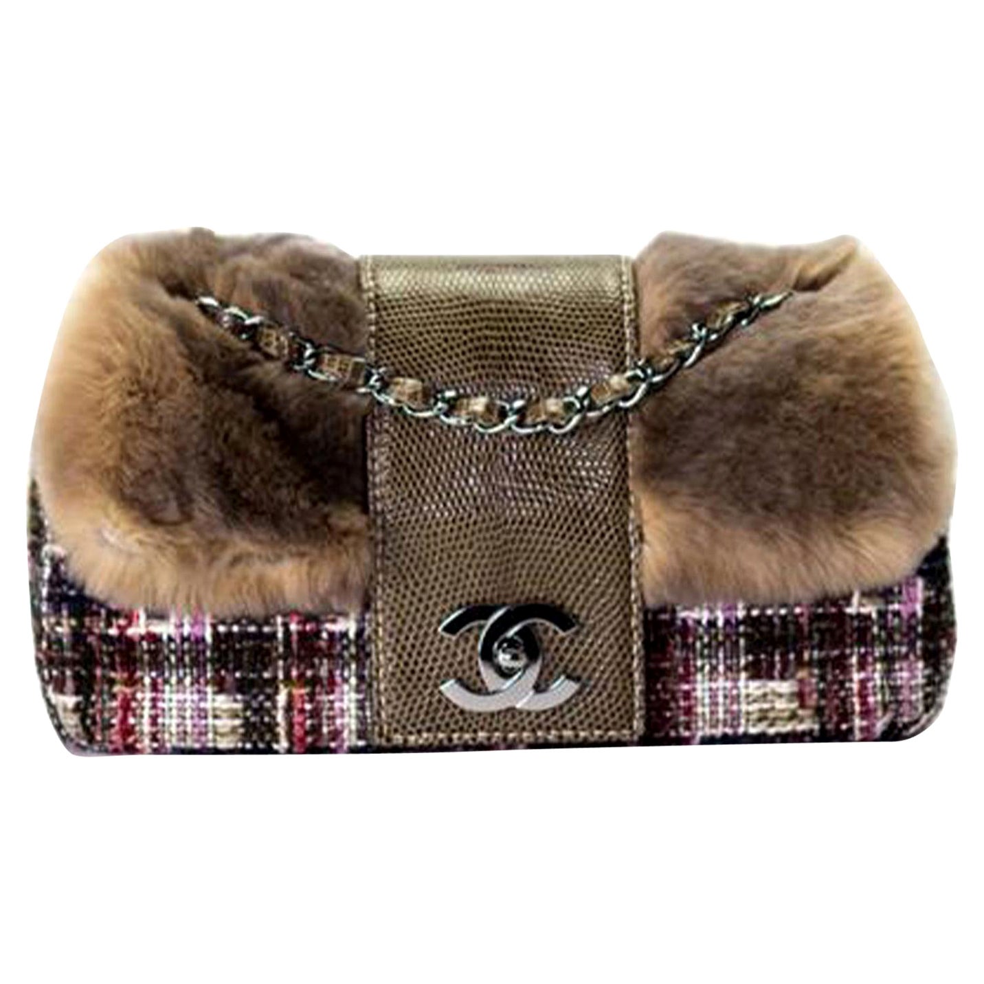 Chanel Classic Flap Rare Limited Edition & Lizard Multi-color Brown Fur Bag For Sale