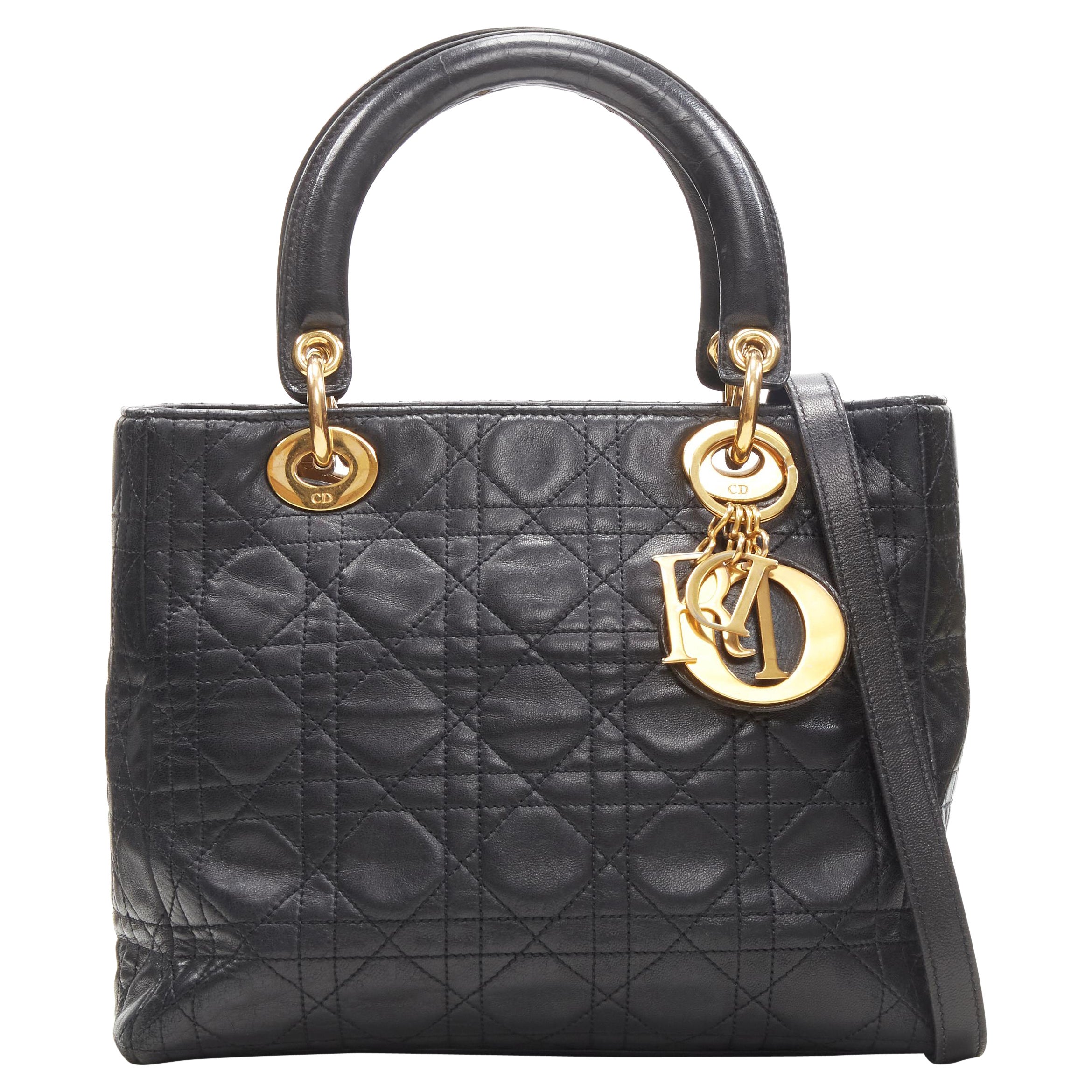 CHRISTIAN DIOR Vintage Lady Dior black cannage gold charm crossbody satchel bag