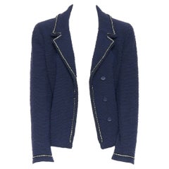 CHANEL 00A blue boucle tweed crystal strass A-line cropped blazer jacket FR42