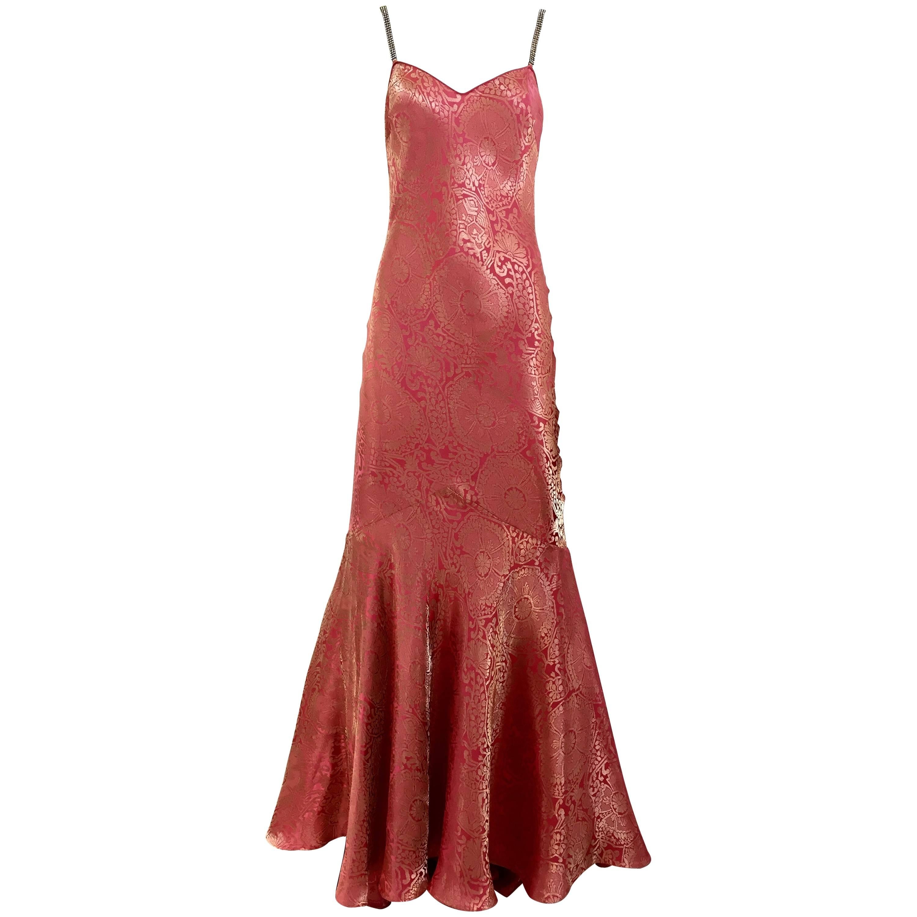 John Galliano Vintage rose pink and gold silk jacquard bias cut gown, 1990s 