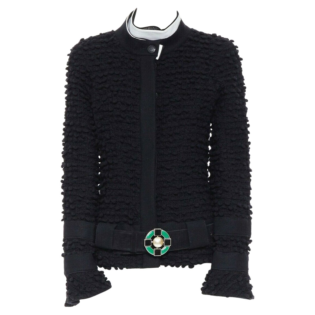 runway CHANEL 09A black boucle tweed wrap collar jade leather belt jacket FR42