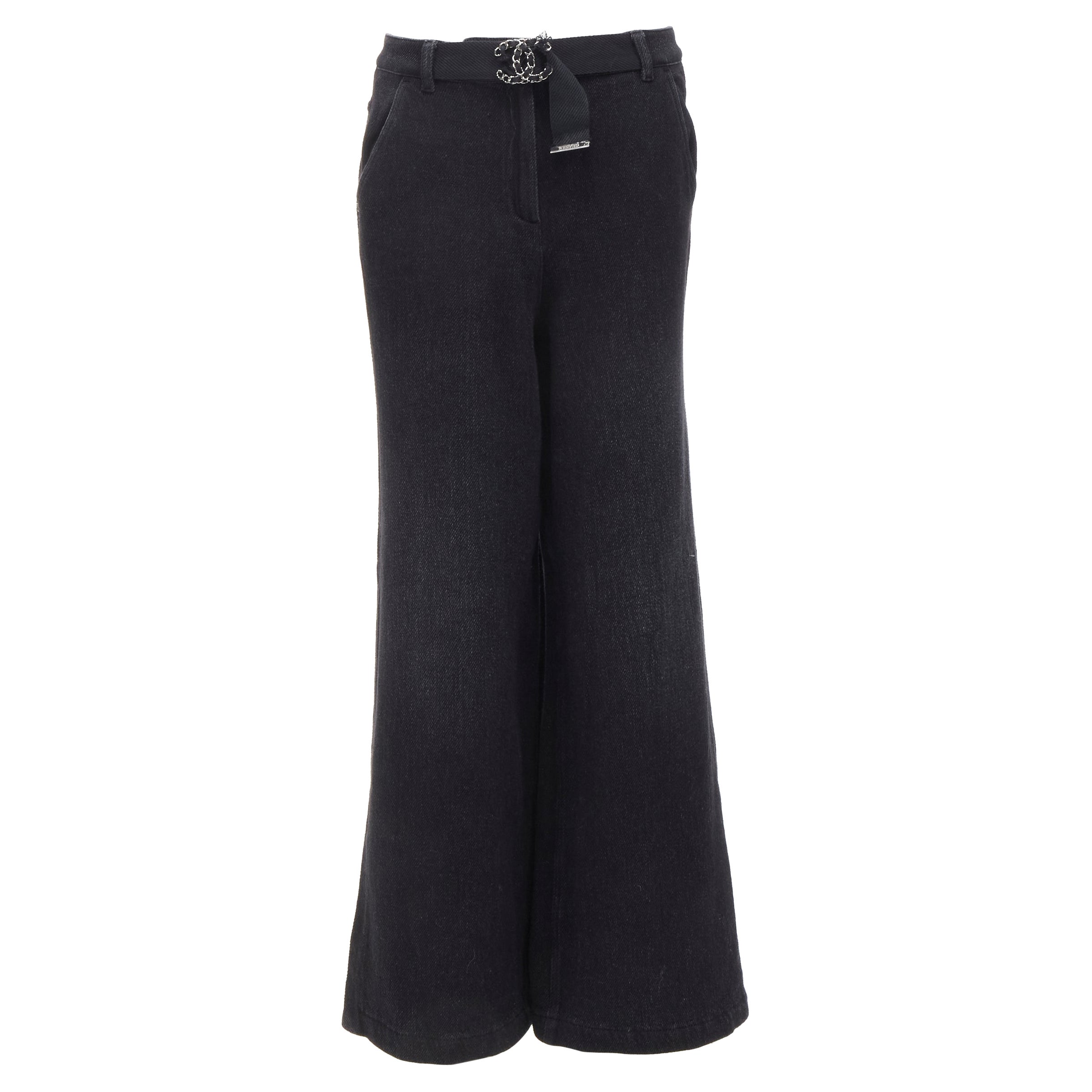 CHANEL 100% cotton black CC chain buckle belt wide leg bell bottom pants FR38 M For Sale