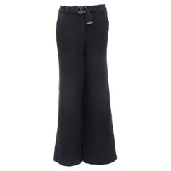 CHANEL Pantalon noir 100 % coton avec ceinture à boucle CC et large cloche sur les jambes FR38 M