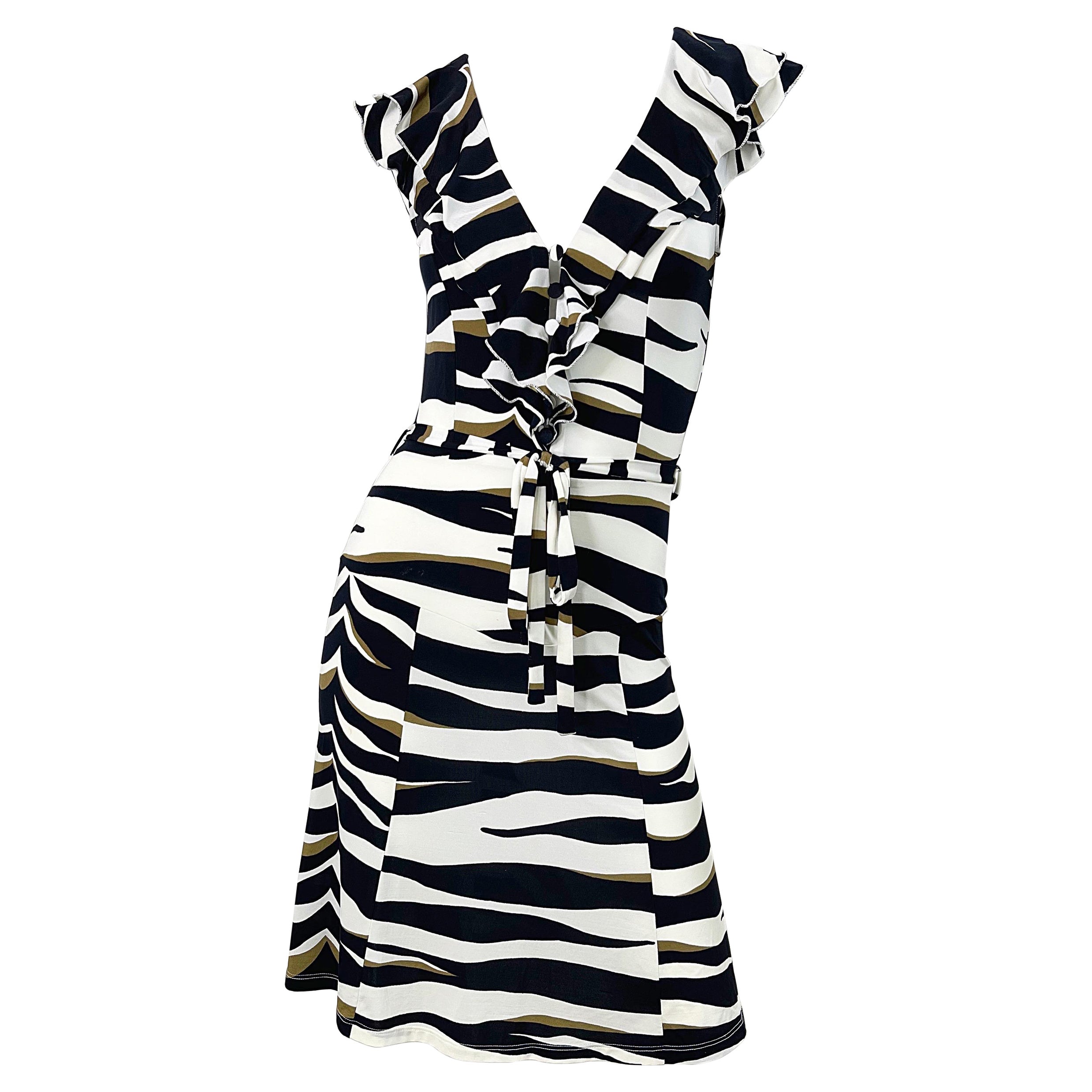 Valentino 2000s Size 6 Abstract Zebra Animal Print Black White and Brown Dress For Sale