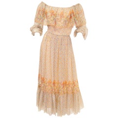 1970s Victor Costa Sheer Floral and Paisley Print Prairie Dress