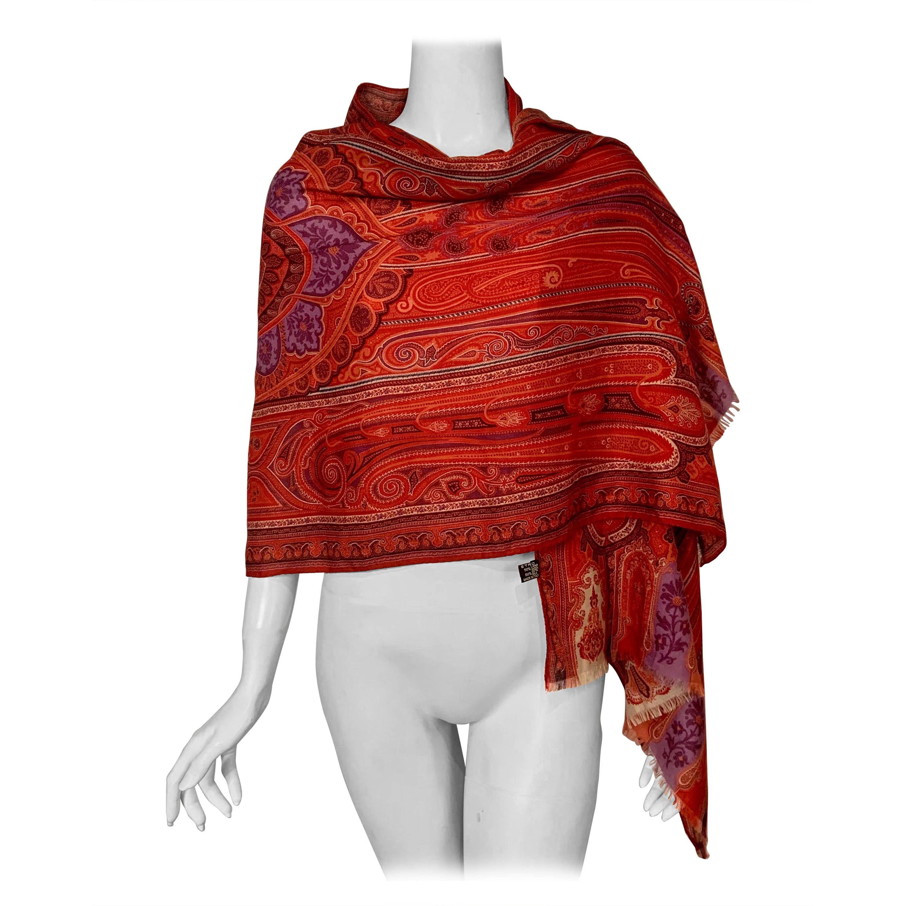Etro Classic Red Wool and Silk Paisley Scarf with Lavender Center