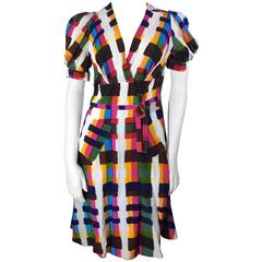 Balenciaga Colorful Blocked Wrap Dress with Voluminous Sleeves