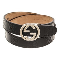 Gucci Black Leather Guccissima Children's Mini Interlocking G Buckle Thin Belt