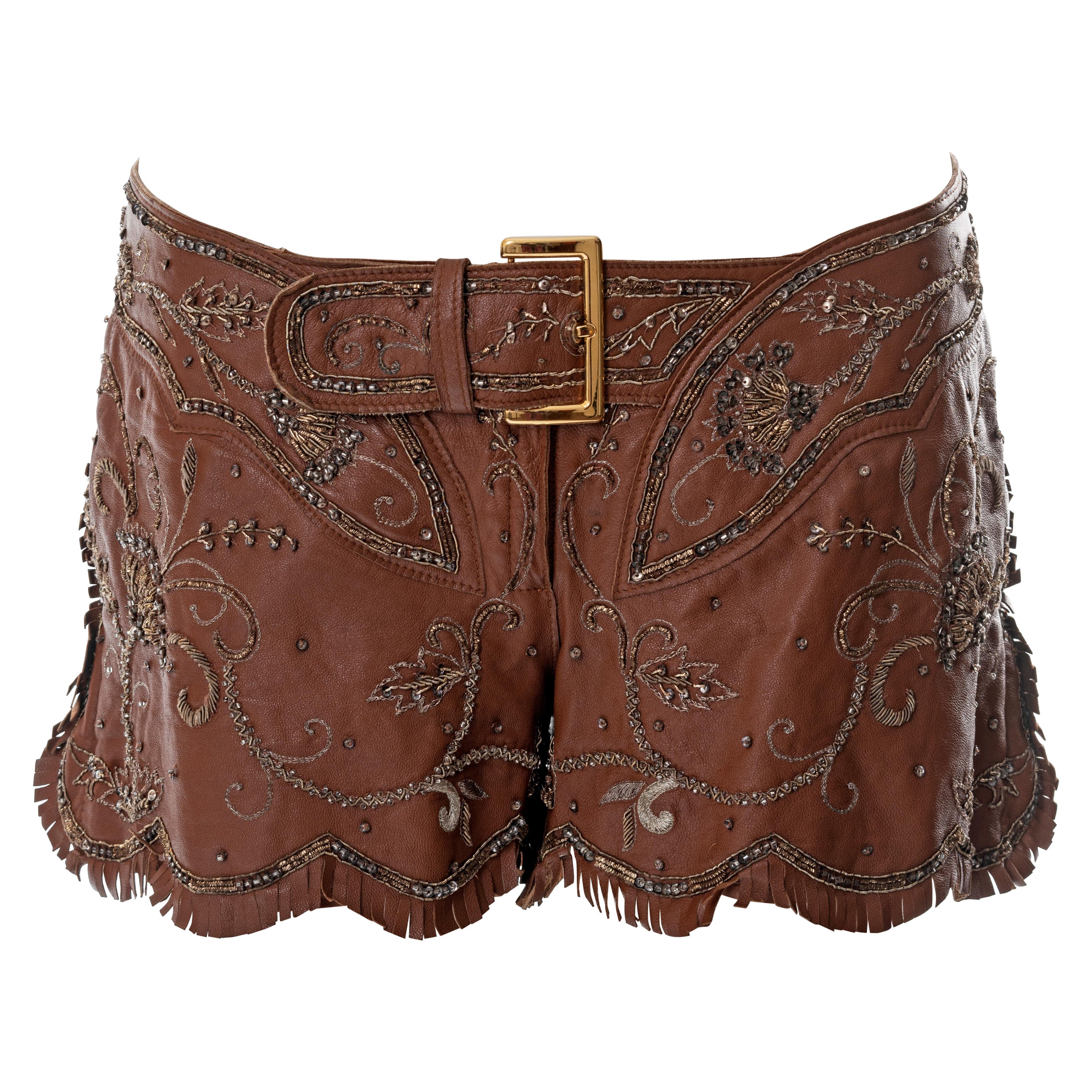 Dolce & Gabbana embroidered brown leather hot pants, ss 2001