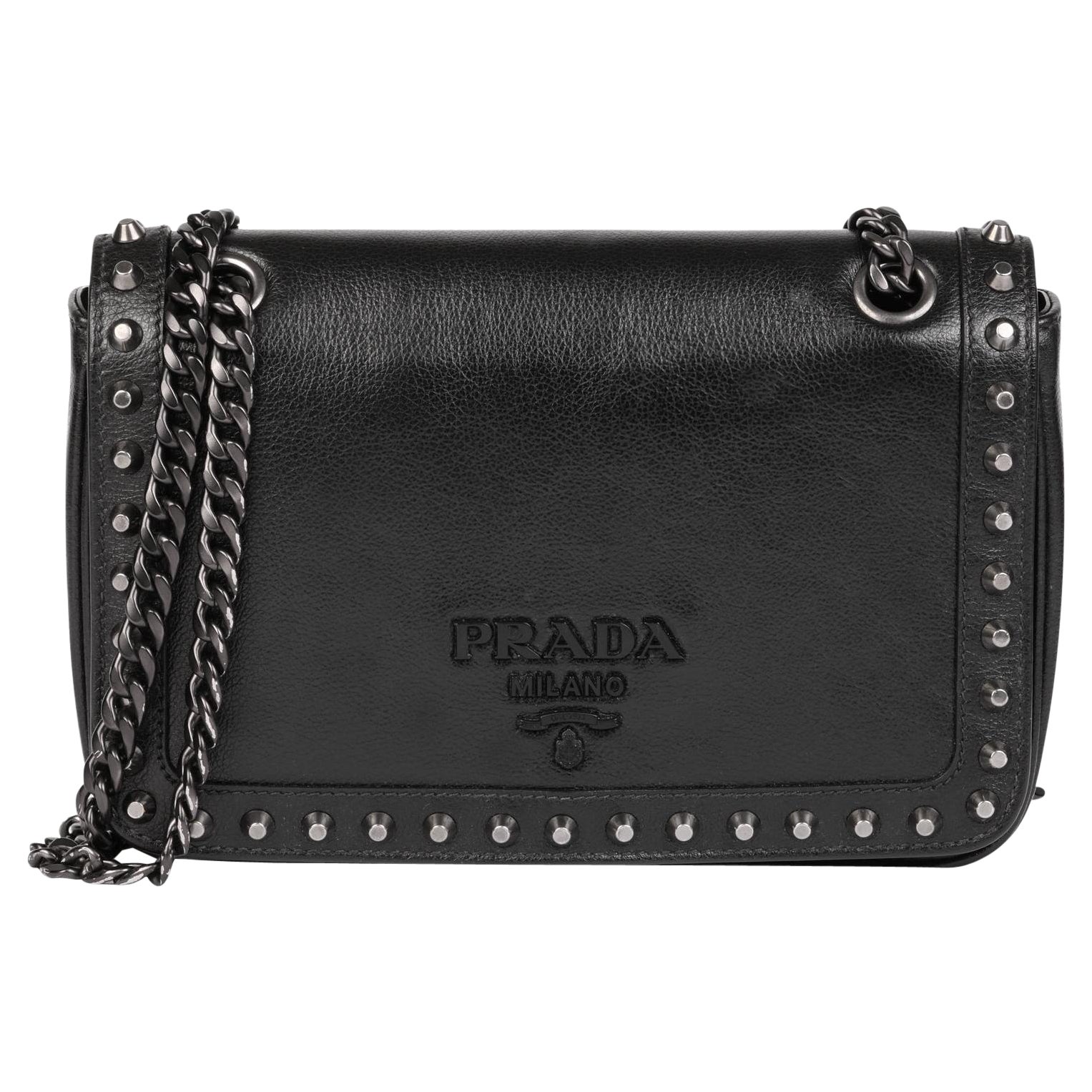 PRADA Black Calfskin Leather Studded Crossbody Bag