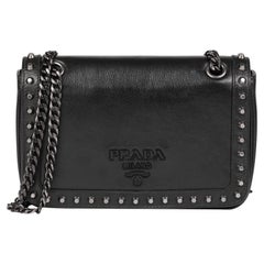 PRADA Black Calfskin Leather Studded Crossbody Bag