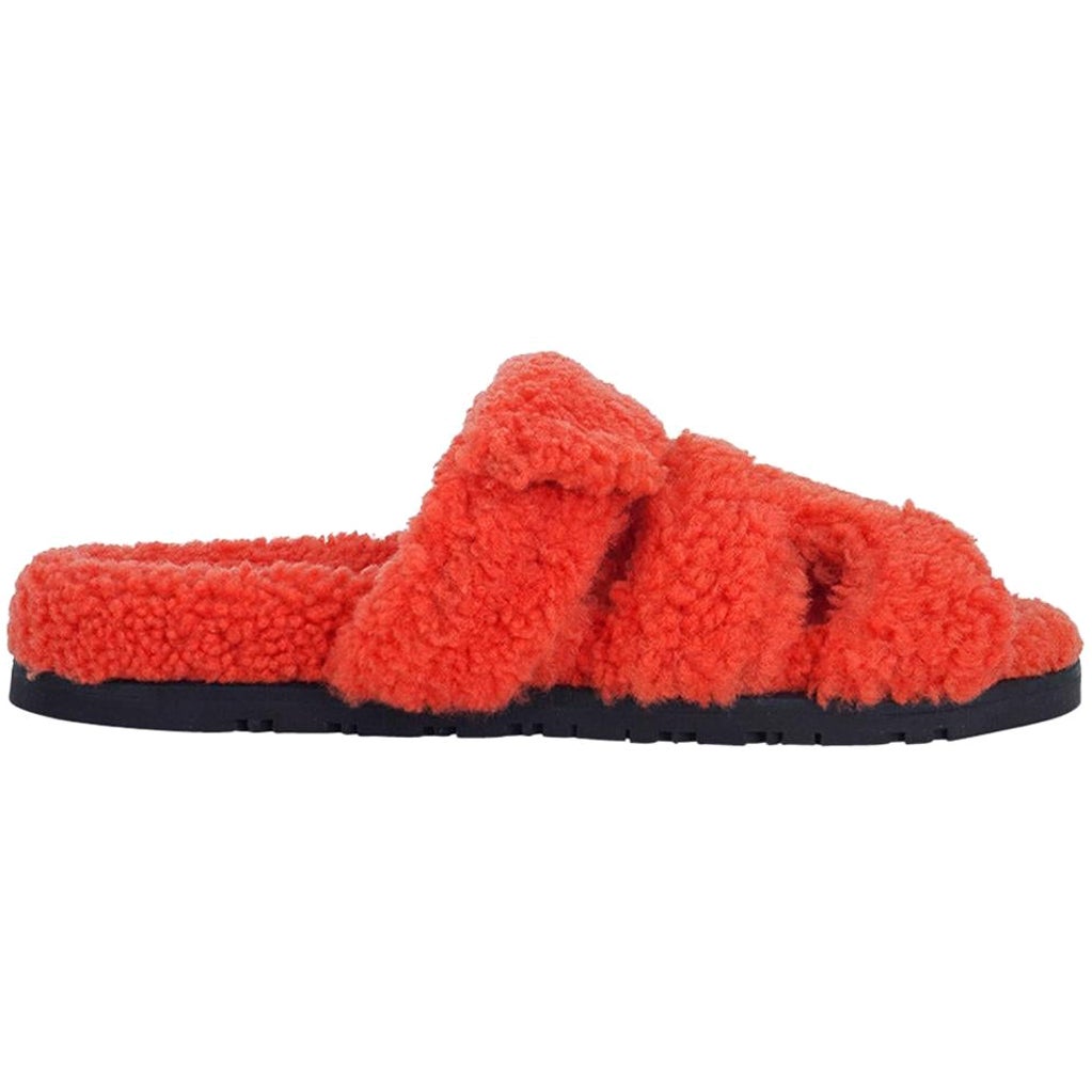 Hermès Chypre Shearling Sandale Orange Wolle Schuhe für Damen 38 / 8 im Angebot