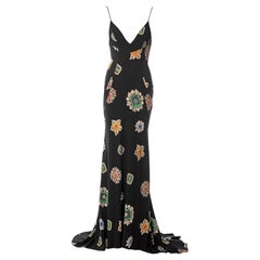 Used Roberto Cavalli black silk crepe evening dress with allover jewel print, fw 2002