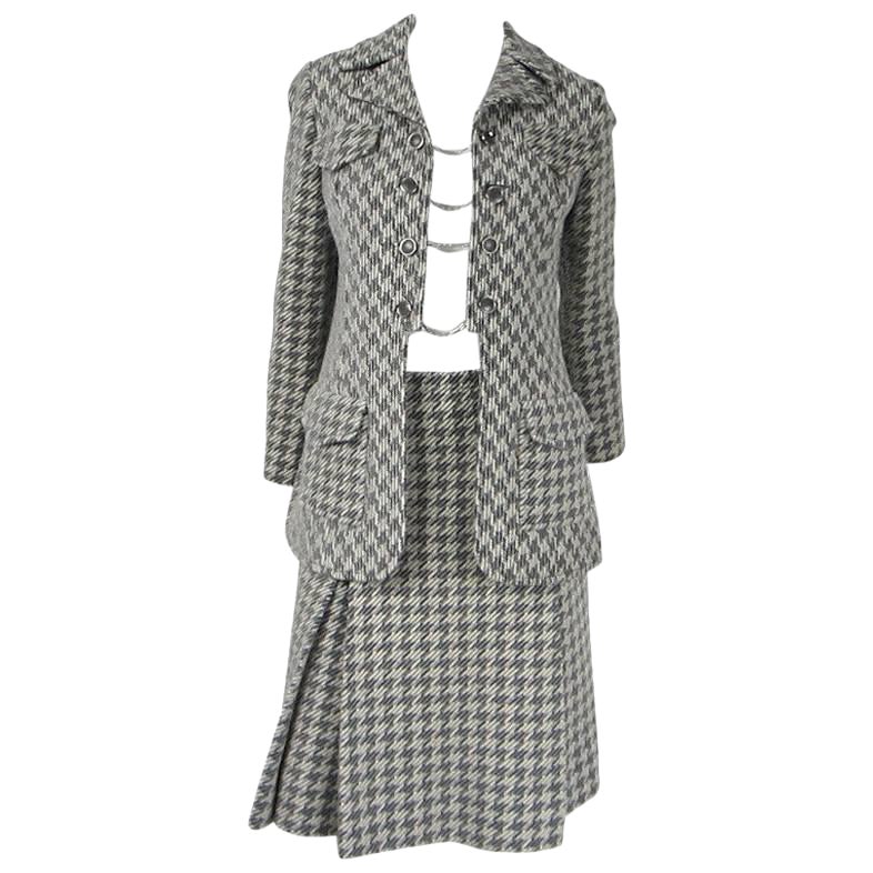 Houndstooth Wool Skirt Suit Made in France Goutille 1970s For Sale
