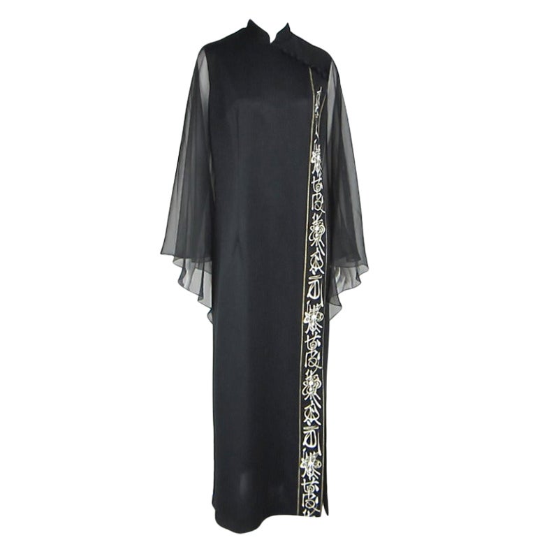 Black ALFRED SHAHEEN Asian Maxi Dress 1970s For Sale