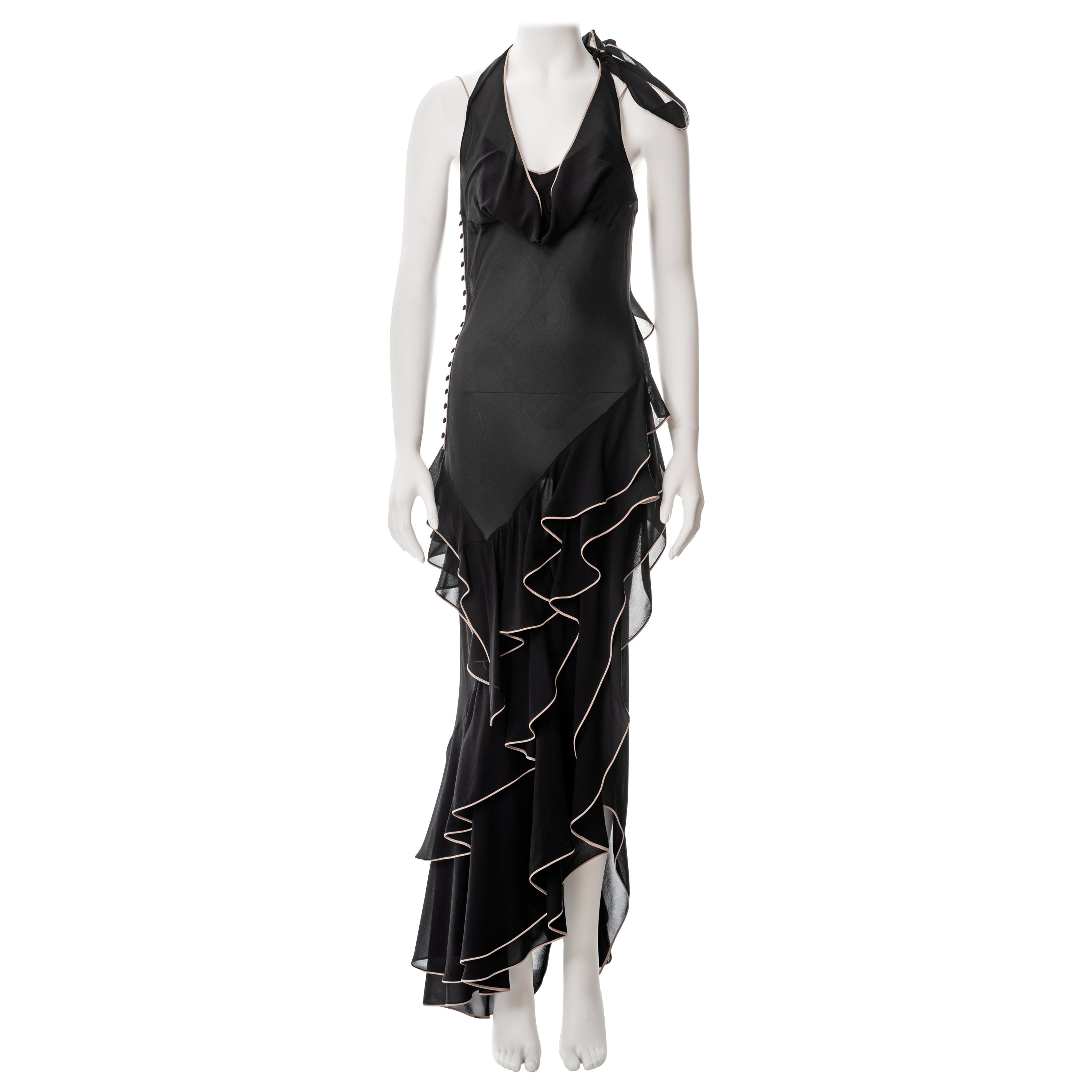 John Galliano black silk chiffon bias cut ruffled evening dress, ss 1995 For Sale