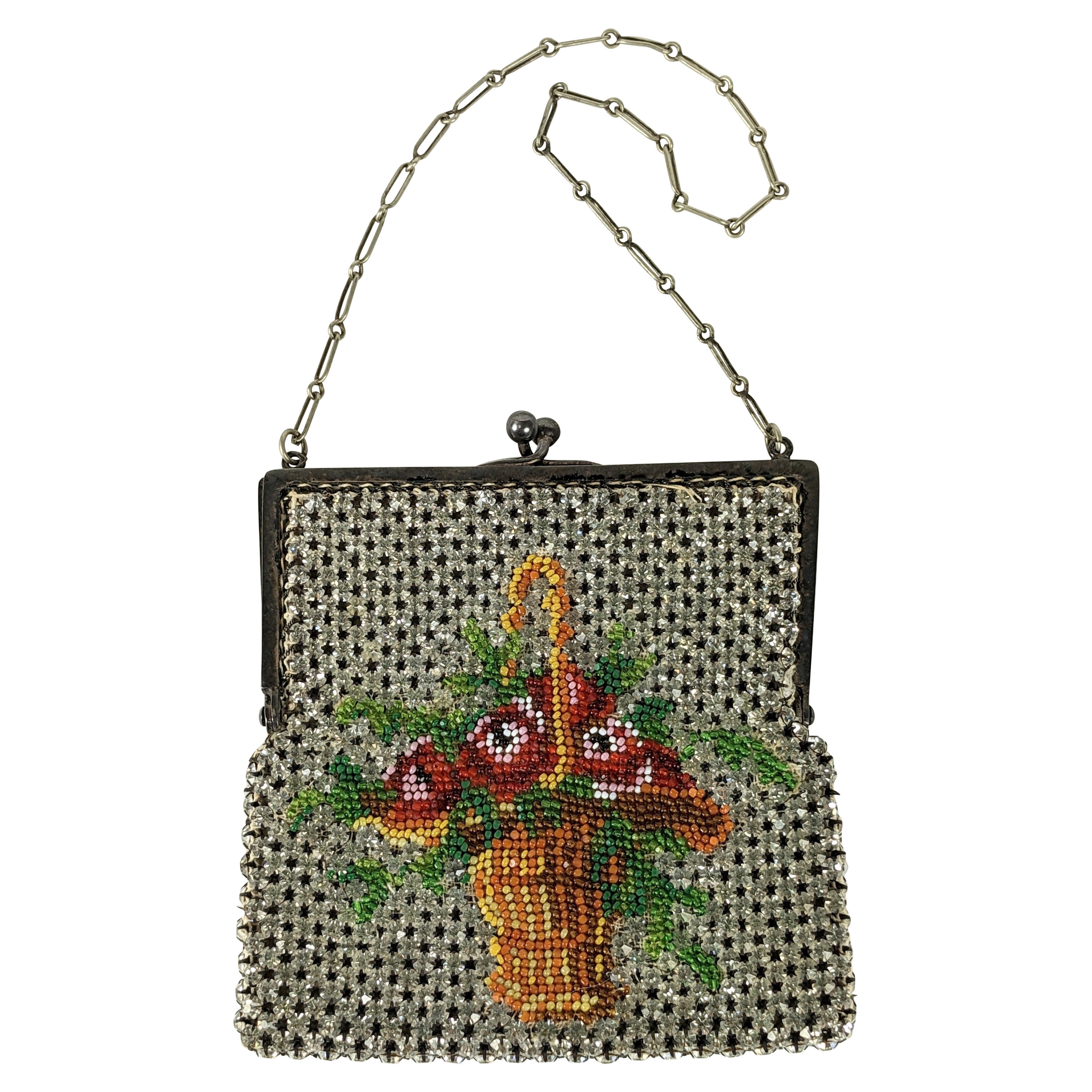 Antique 1920s Steel Beaded Purse, Art Deco Floral Design, Vintage Beaded  Handbag French Steel Cut