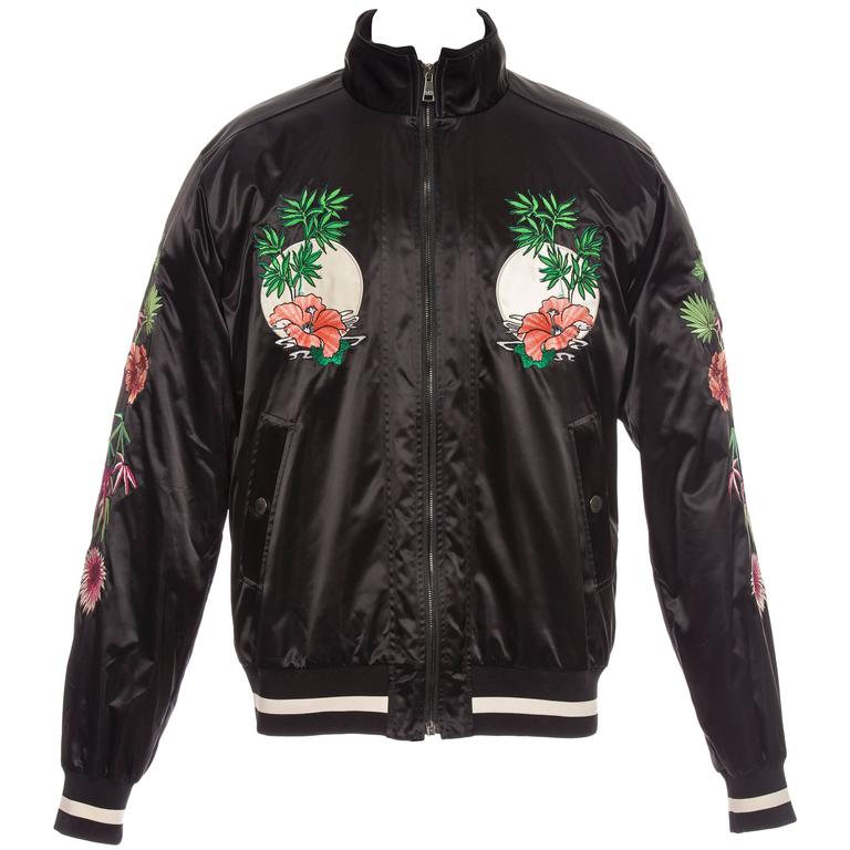 Dolce and Gabbana Men's Black Satin Floral And Dragon Embroidered