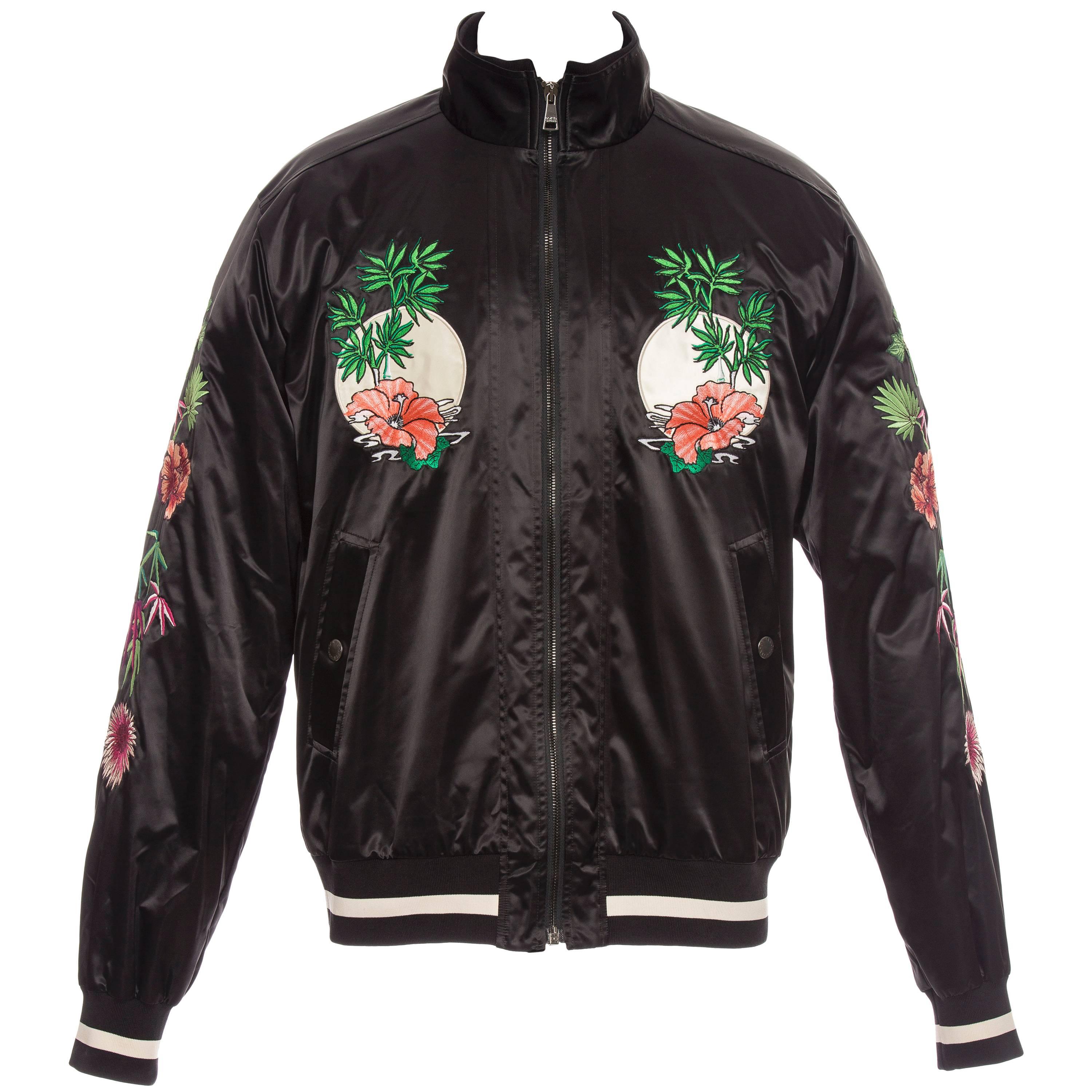 Dolce & Gabbana Men's Black Satin Floral And Dragon Embroidered Souvenir Jacket