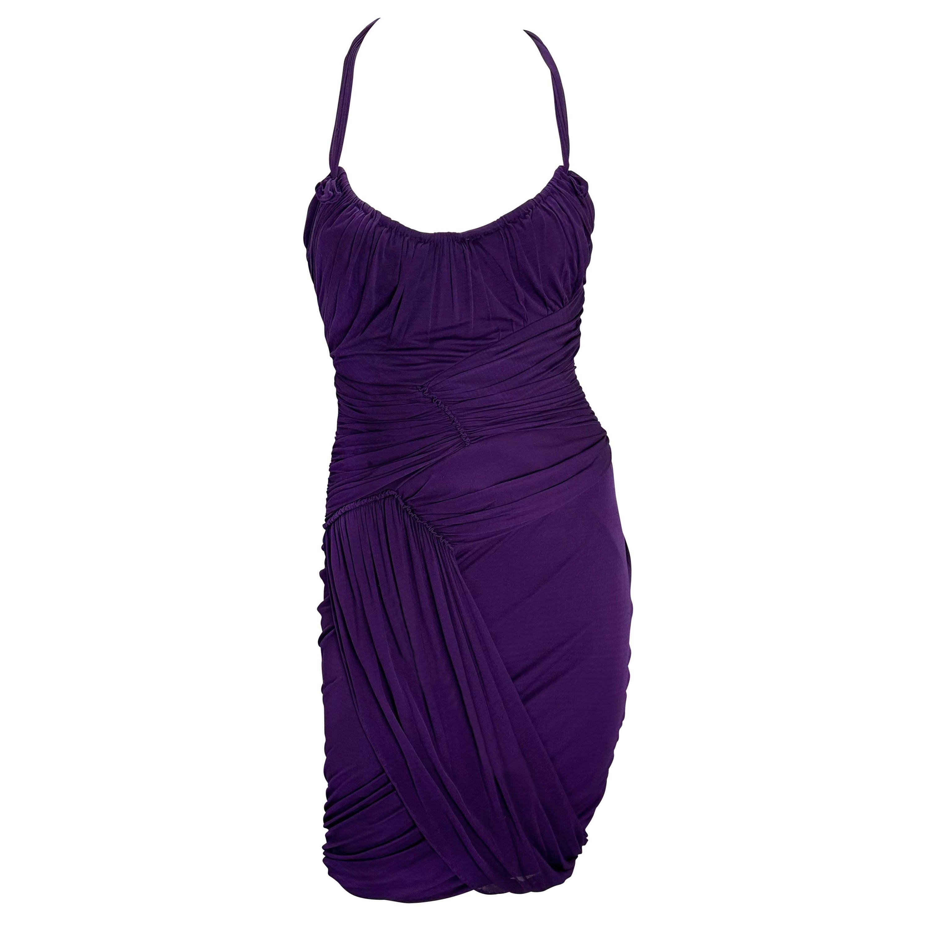 2002 Gucci by Tom Ford Ruched Purple Bandage Faux Wrap Silk Bodycon Mini Dress For Sale