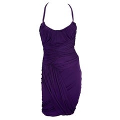 2002 Gucci by Tom Ford Ruched Purple Bandage Faux Wrap Silk Bodycon Mini Dress