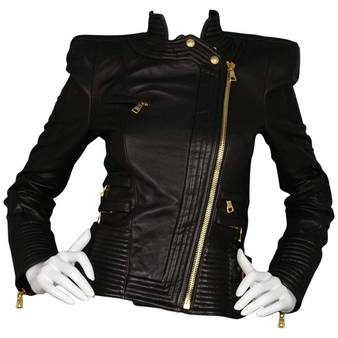 Balmain Black Quilted Leather Biker Jacket sz 36 rt. $4, 035