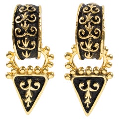 Vintage Guy Laroche Gilt Metal and Black Enamel Dangle Clip Earrings