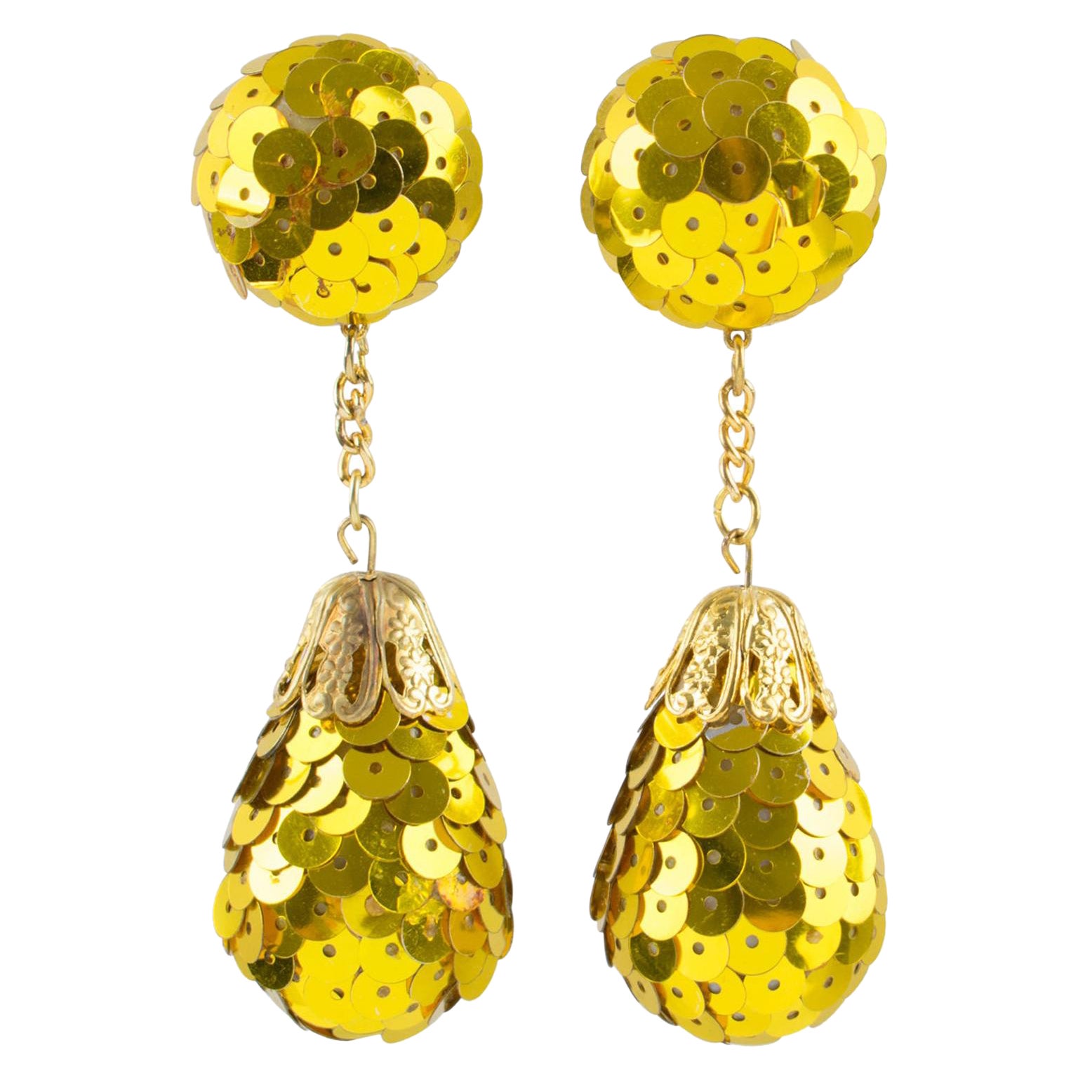 Disco Balls Dangle Clip Earrings with Yellow Sequin For Sale