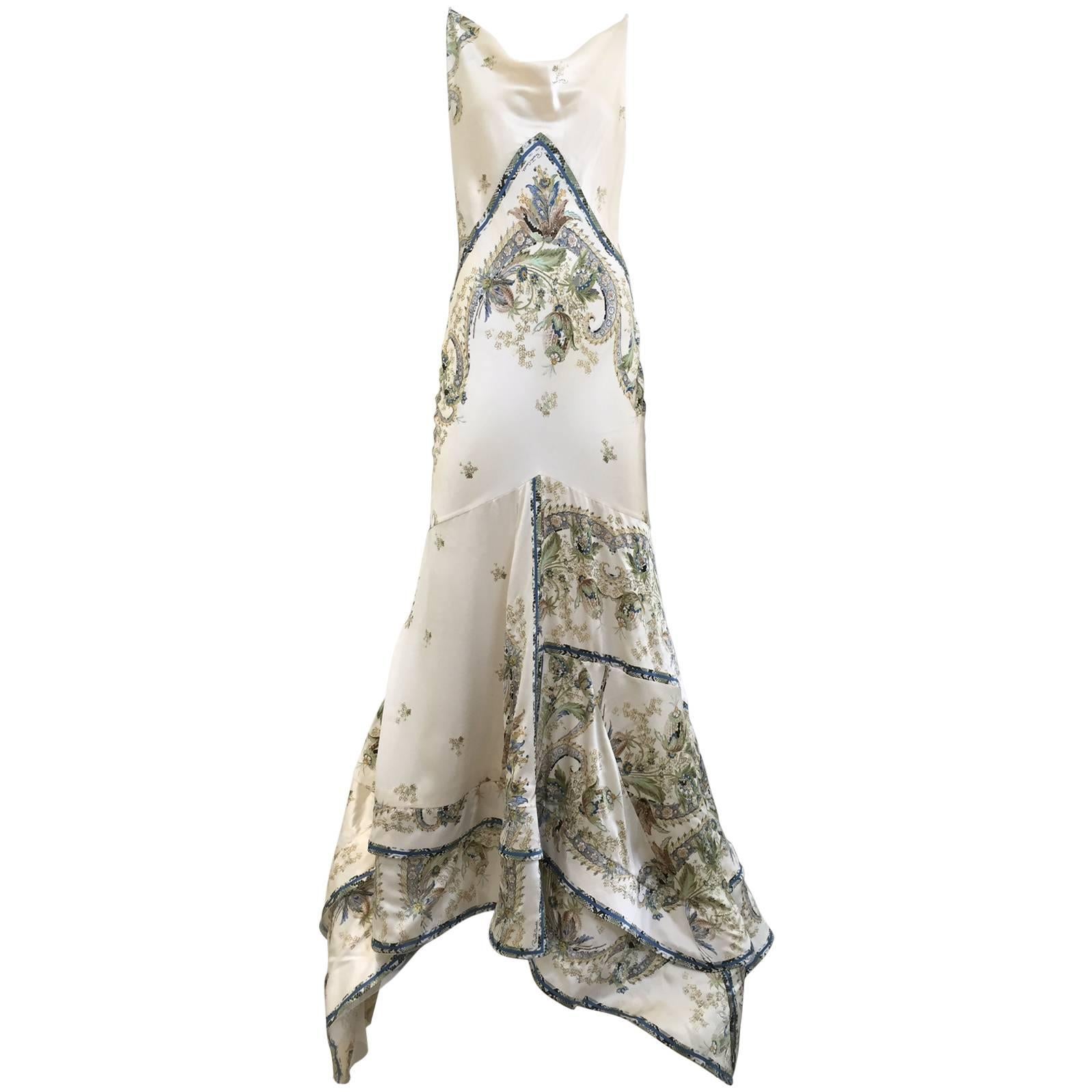 Roberto Cavalli off white silk charmeuse floral print bias cut gown