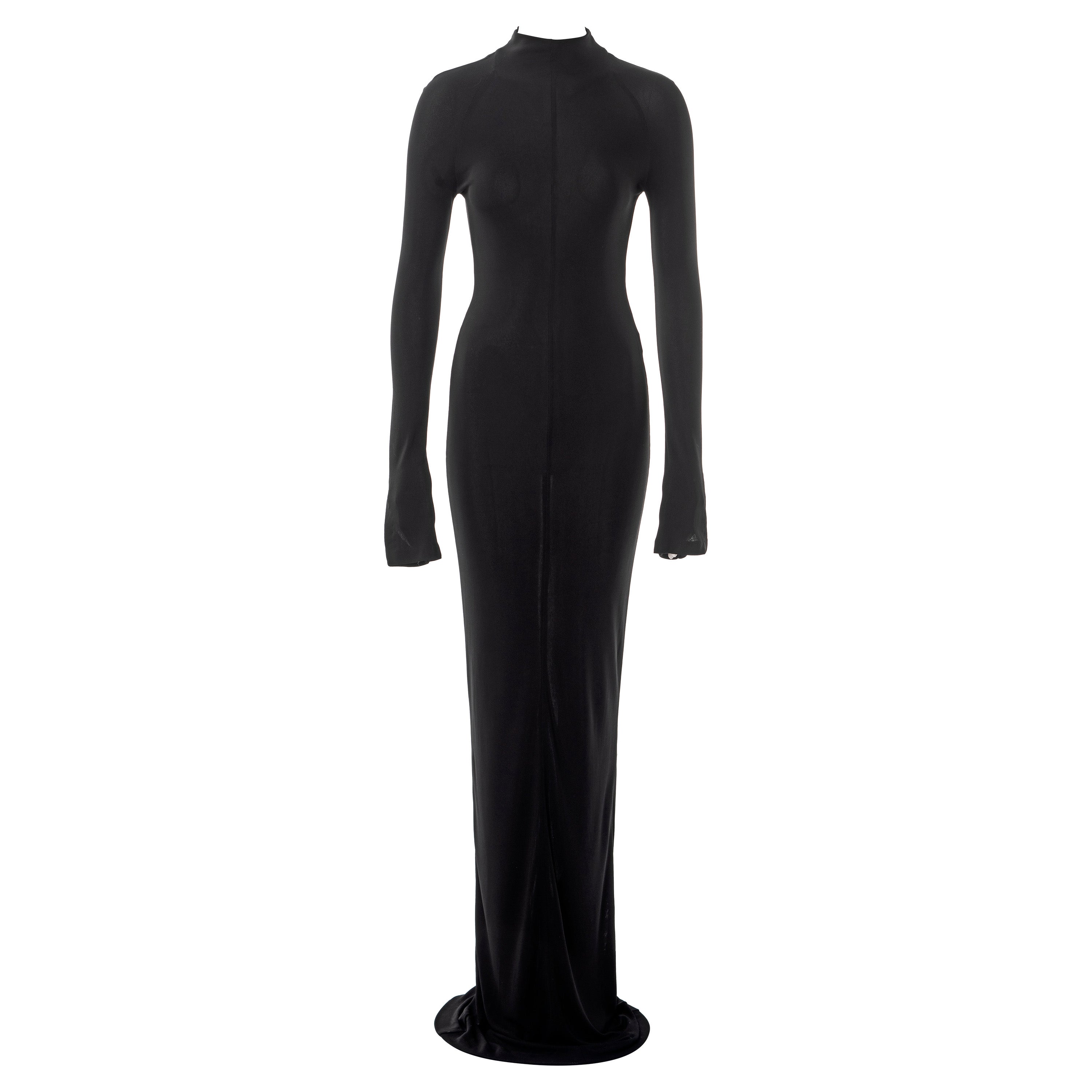 Gucci by Tom Ford black rayon jersey long sleeve bodycon maxi dress, ss 1998