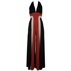 Retro 1970's Black and Red Racing Stripes Halter Jumpsuit
