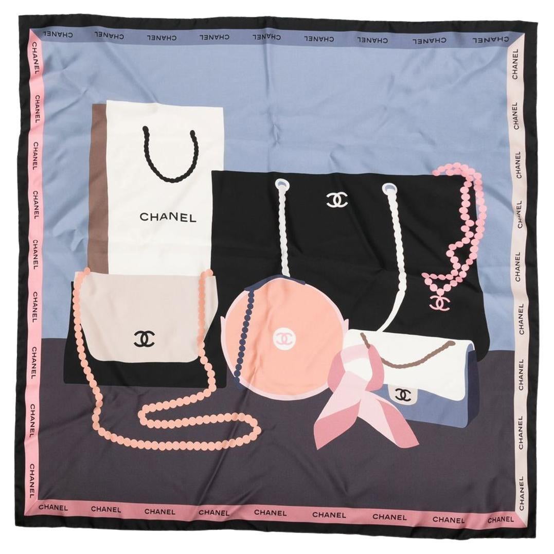Chanel Blue Classic Bag Print Silk Scarf For Sale