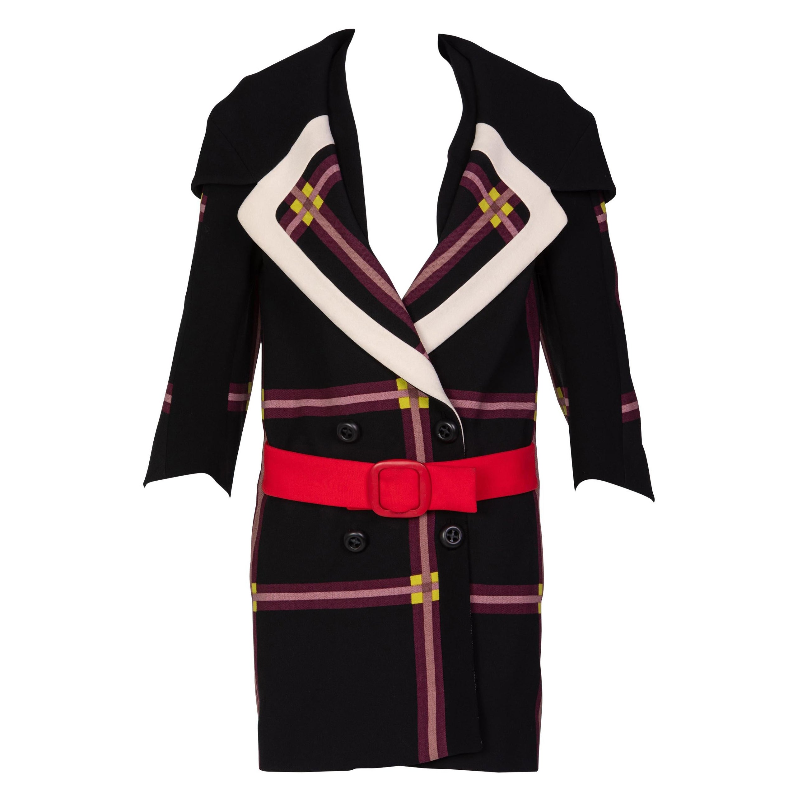 Prada - Manteau en laine à carreaux noirs avec ceinture rouge Runway 2011 en vente