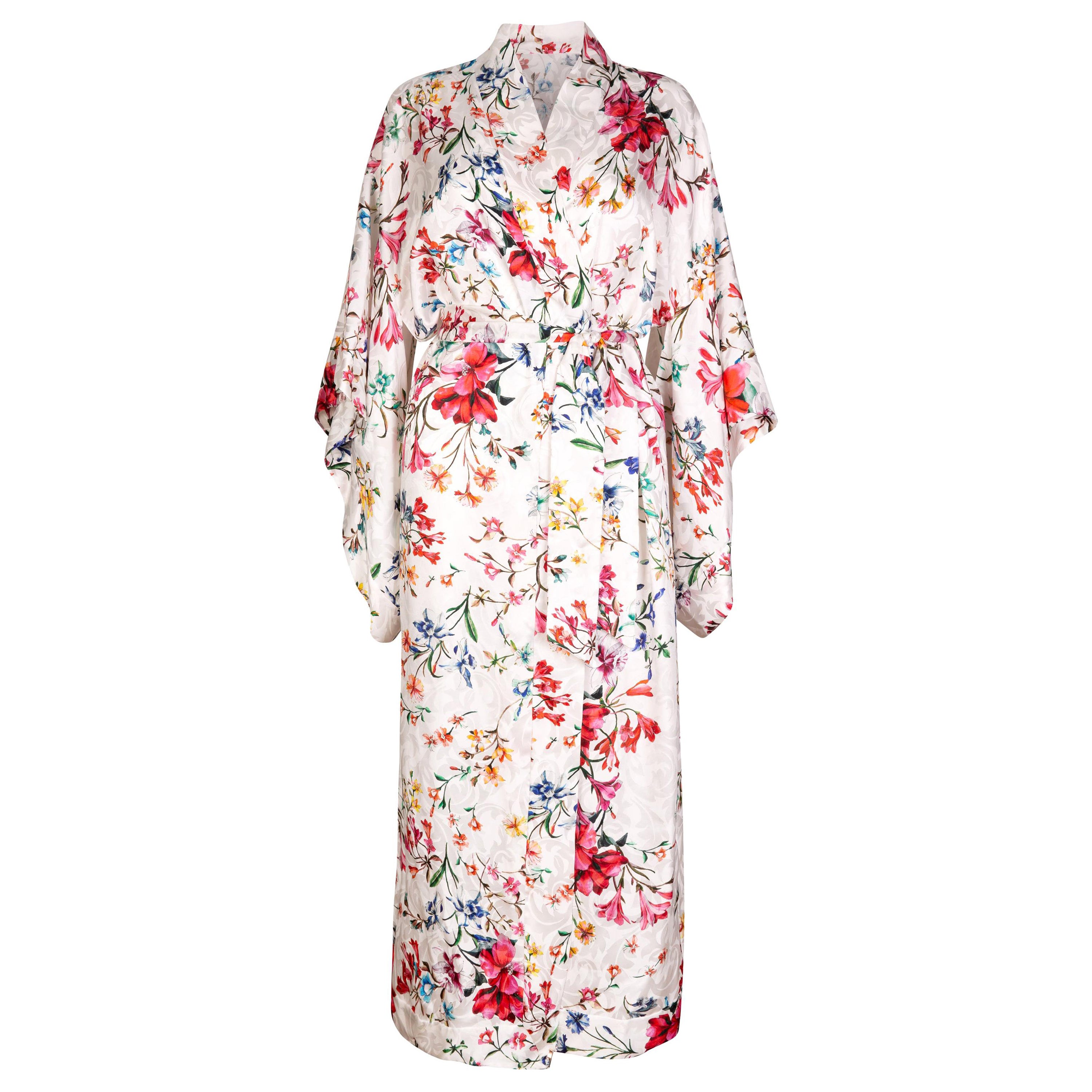 Londoner Kimonokleid aus italienischem Seiden-Satin mit Blumenmuster von Verheyen - Einheitsgröße 