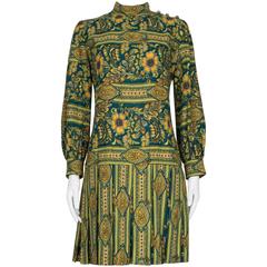 Late 1960's Leslie Fay Green and Yellow Floral Paisley Drop Waist Dress