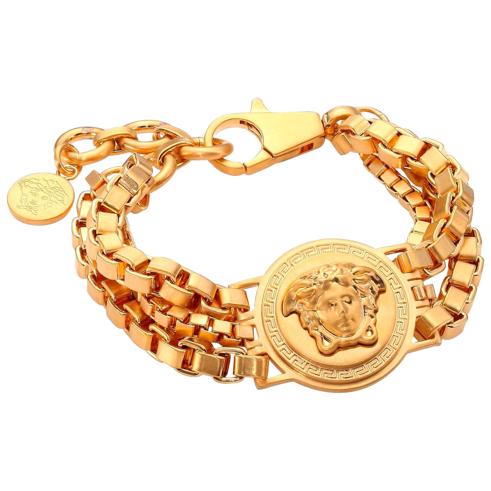 VERSACE VINTAGE 24K GOLD PLATED TRIPLE CHAIN GREEK KEY MEDUSA Bracelet For Sale